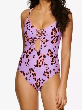 Lilac Animal Print Lace-Up One-Piece Swimsuit
